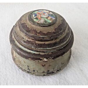 Antique Pre Reuge Music Box‎ Musical Powder Puff Metal Case with Porcelain Inlay